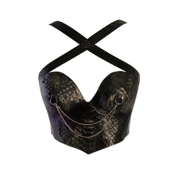 Latex Fashion by Vex The Garter Bustier (Copy) is a black, sculpted bustier-style top with a textured finish, crisscross straps, metallic accents over the bust, and delicate chains draped across the front.