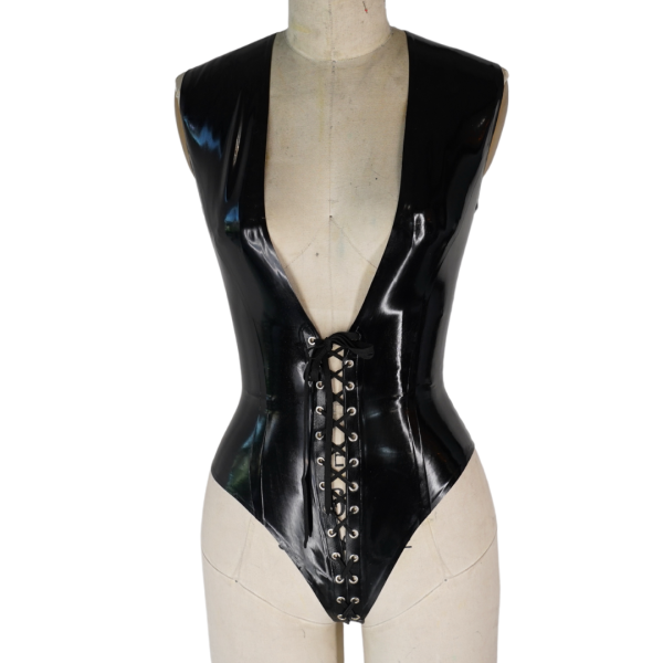 Latex Fashion by Vex The Laced Up Plunge Bodysuit is a black, sleeveless, high-cut vinyl piece featuring a deep V-neck and lace-up front, shown on a dress form against a white background.