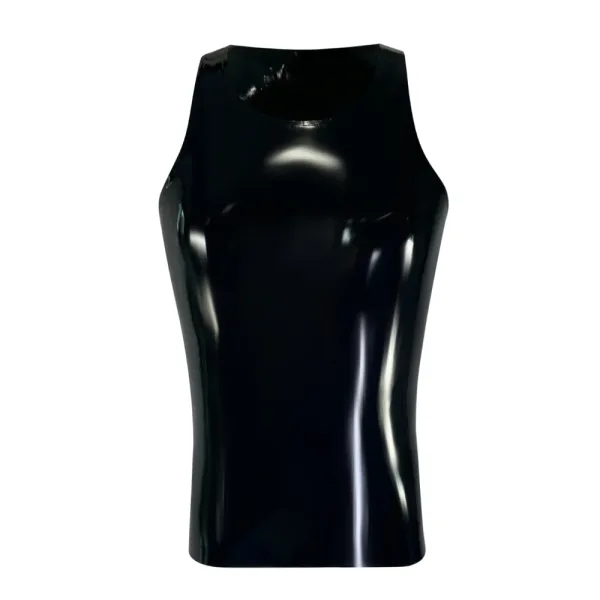 Latex Fashion by Vex The Tank Top - Small - Black is a sleeveless, shiny latex top with a high neckline, shown on a white background.