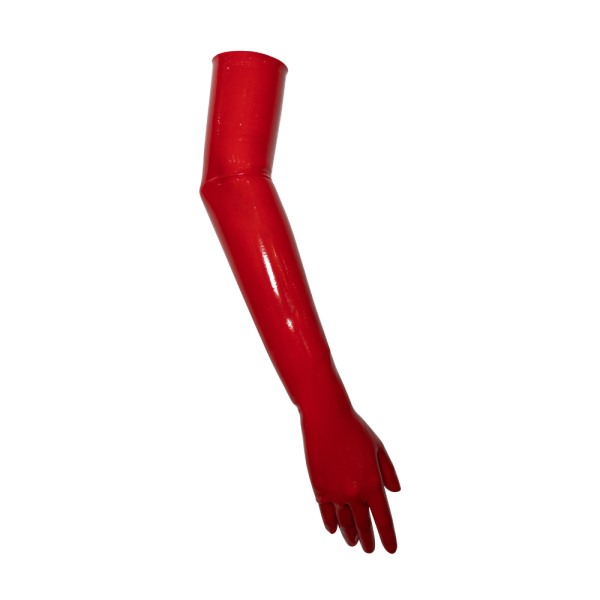 Latex Fashion by Vex A shiny red Long Streamline Latex Glove is shown isolated on a white background, with slightly curved fingers and the arm angled downward.
