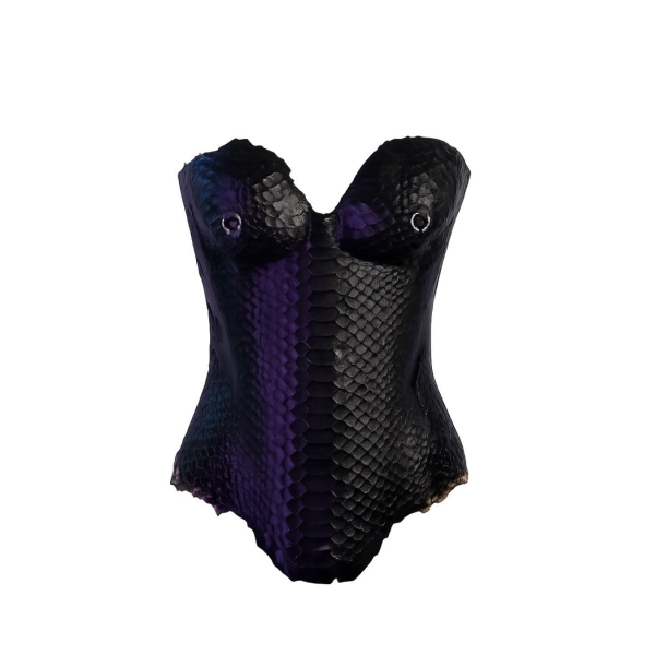 Latex Fashion by Vex The Convex Corset - 20" - Black features a sculpted black and purple design with a snakeskin texture, strapless sweetheart neckline, and metallic nipple rings.