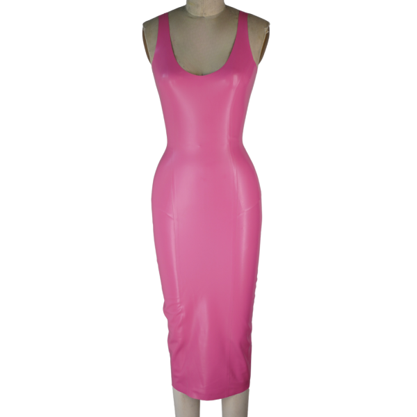 Front view of a pink pencil length tank style latex dress on a dress form.