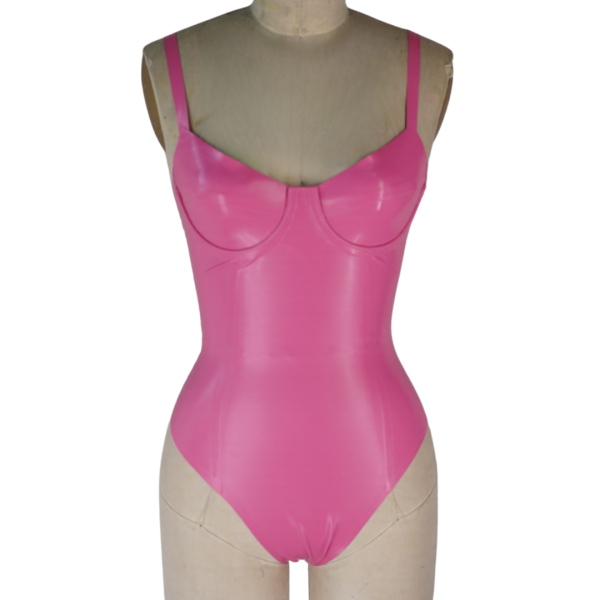 Latex Fashion by Vex The Underwire Bodysuit is a shiny pink one-piece with adjustable straps and underwire cups, shown on a dress form against a white background.