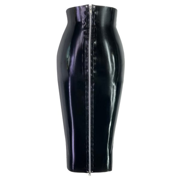 Latex Fashion by Vex The Zip Back Pencil Skirt is a shiny black latex pencil skirt featuring a high waist and a full-length zipper at the back running vertically from top to hem.