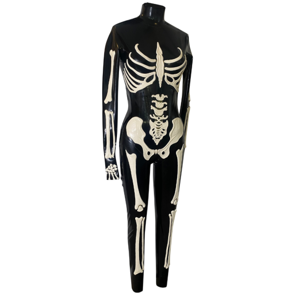 Latex Fashion by Vex The Skeleton Catsuit - Small - Black is a full-body, glossy black jumpsuit with white skeleton bone prints on the front, arms, and legs, shown on a faceless mannequin.