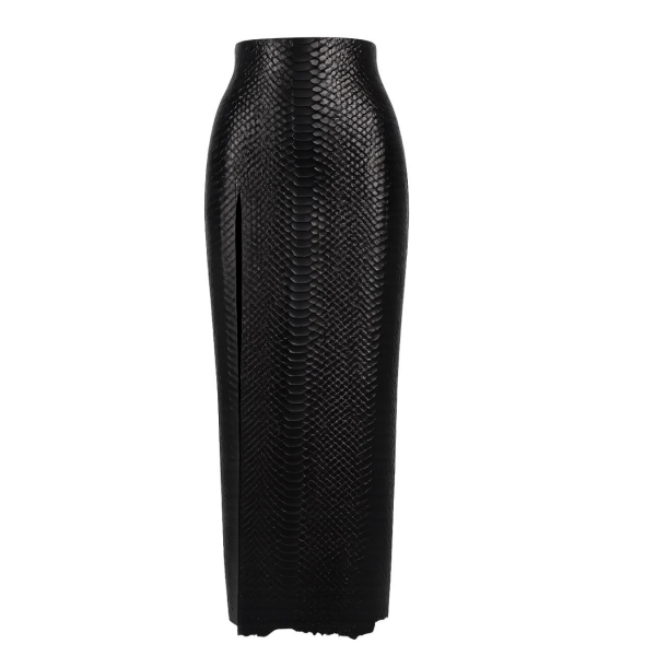 Latex Fashion by Vex The Mermaid Skirt - XL - Black features a high-waisted, ankle-length pencil design with a shiny faux snakeskin texture and a front side slit.