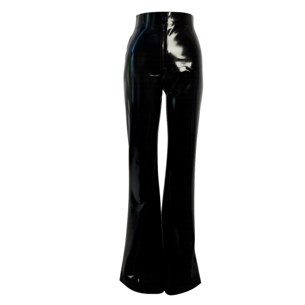 Latex Fashion by Vex The Print Maggie Flares (Copy) are high-waisted shiny black vinyl pants with a fitted waist, front zipper, and flared legs, shown on a plain white background.