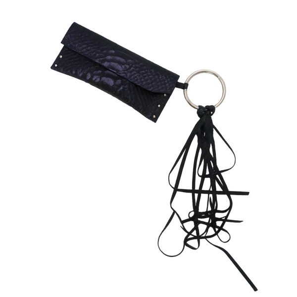 Latex Fashion by Vex The Divide Bandana - Light Blue (Copy) features a small black textured pouch with snap closure, attached to a large silver keyring with several long black leather fringe strips hanging from it.