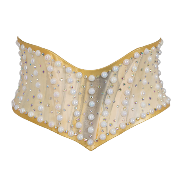 Latex Fashion by Vex The Pearl Drenched Waist Cincher - 22 - Marble Print features a beige corset-style design with gold trim, embellished with pearls and rhinestones in a scattered pattern.