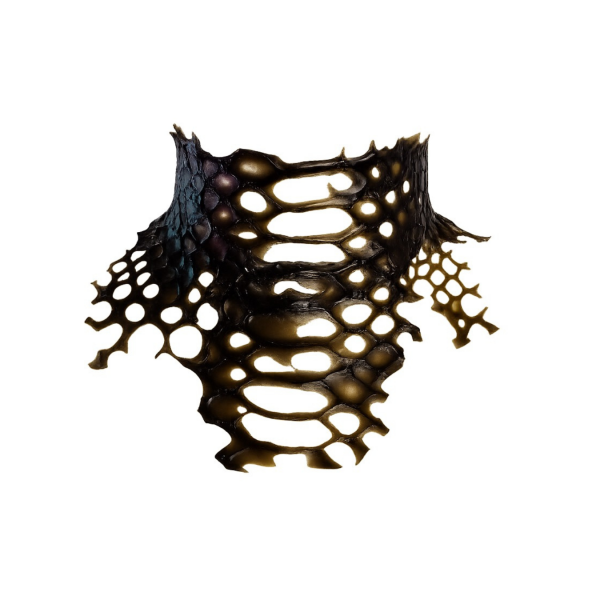 Latex Fashion by Vex The Print Simple Choker - S/M - Black Textured Pyramid (Copy) is a sculptural, black neckpiece featuring a honeycomb-like design with irregular holes and organic shapes, evoking futuristic or abstract armor, shown against a white background.