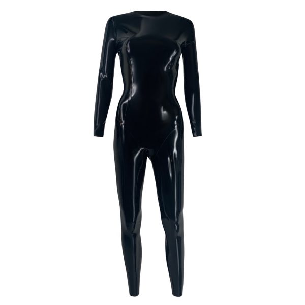 Latex Fashion by Vex The Crew Catsuit is a shiny black latex full-body suit featuring long sleeves and fitted legs, shown on a white background.