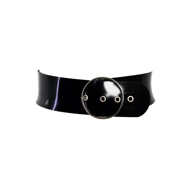 Latex Fashion by Vex A spiked belt in small size, featuring black and vibrant hot pink colors, with silver accents and three grommet holes, shown on a plain white background.