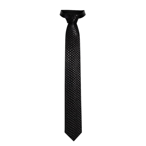Latex Fashion by Vex The Burlesque Tie - Black features a subtle textured pattern and is shown knotted at the top, hanging straight against a white background.