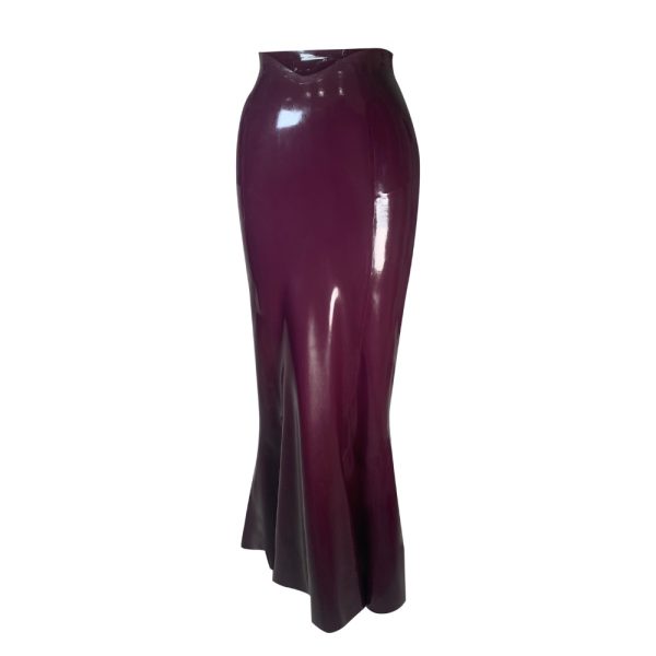 Latex Fashion by Vex The Splash Skirt - Small - Ruby is a high-waisted, floor-length, shiny ruby latex skirt with a slight flare at the hem and a center front seam.