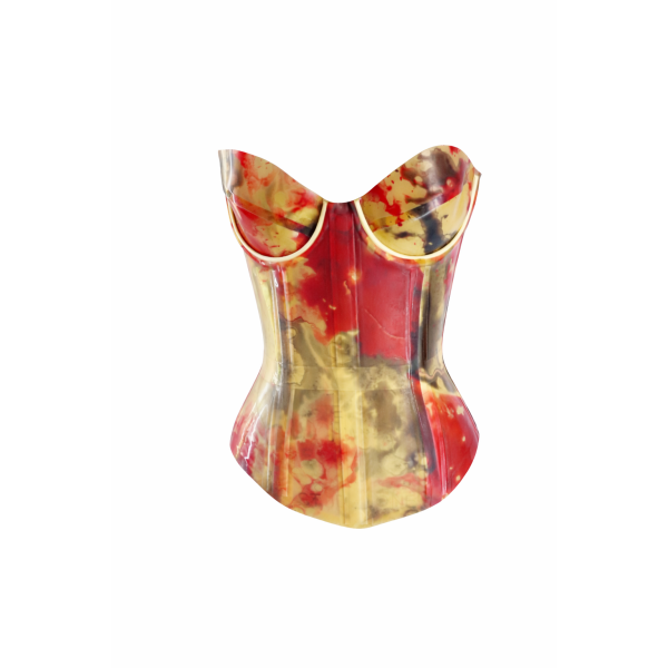 Latex Fashion by Vex The UV Print Concave Corset (Copy) is a strapless, structured corset with a glossy finish and a marbled red, yellow, and black pattern on a white background.