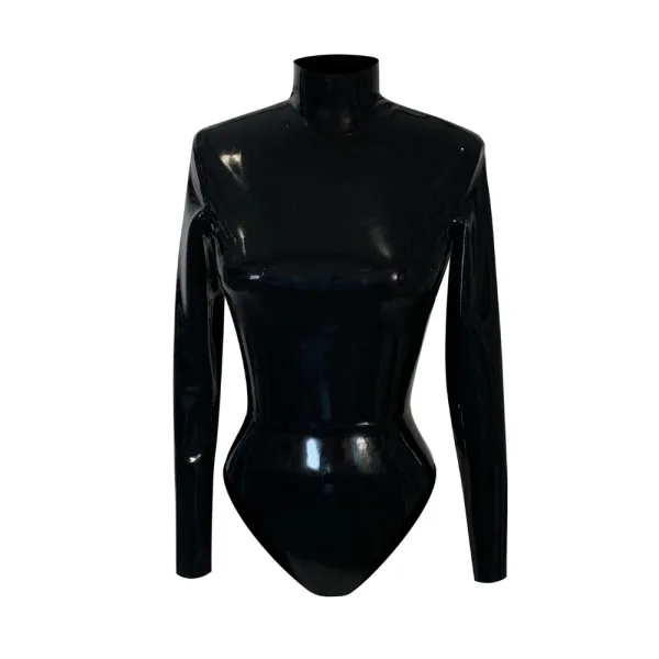 Latex Fashion by Vex The Simple Bodysuit is a shiny black latex piece featuring long sleeves, a high neckline, and a form-fitting design, shown against a plain white background.