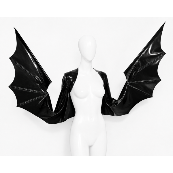 Latex Fashion by Vex A faceless white mannequin wears a glossy black jacket with large bat-like wings extending from the sleeves, set against a plain white background.