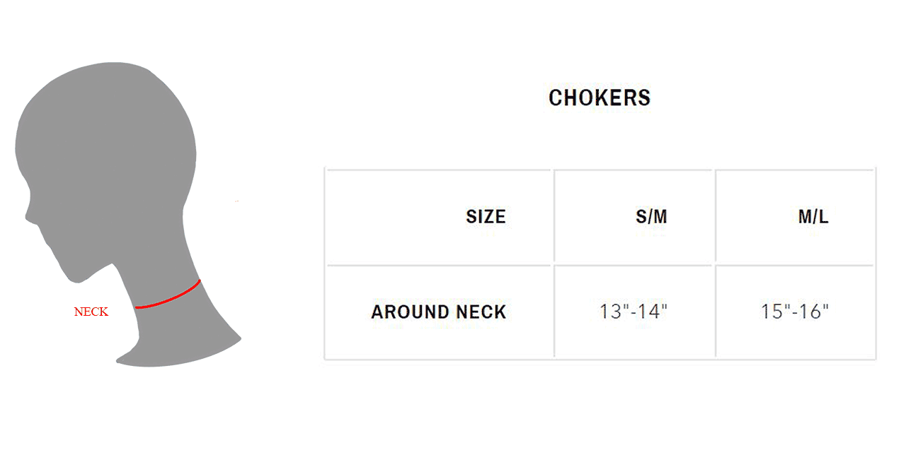 Latex Fashion by Vex A diagram showing how to measure neck size for chokers, with a table listing sizes: S/M fits 13-14 necks, M/L fits 15-16 necks. A silhouette highlights where to measure around the neck.