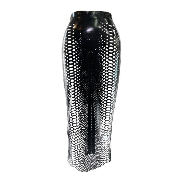Latex Fashion by Vex The Python Pencil Skirt in small and black features a high waist, fitted ankle-length design, and white honeycomb cut-outs, displayed against a white background.