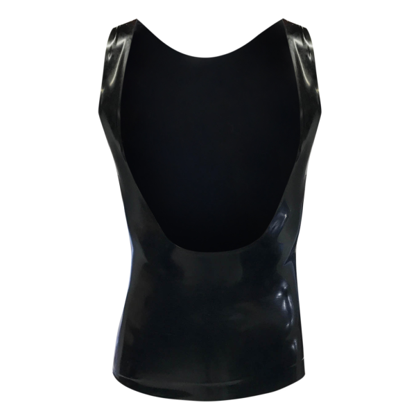 Latex Fashion by Vex The Suspender Tank - Large - Black is a sleeveless, shiny black latex top with a deep scooped back, shown on a white background.